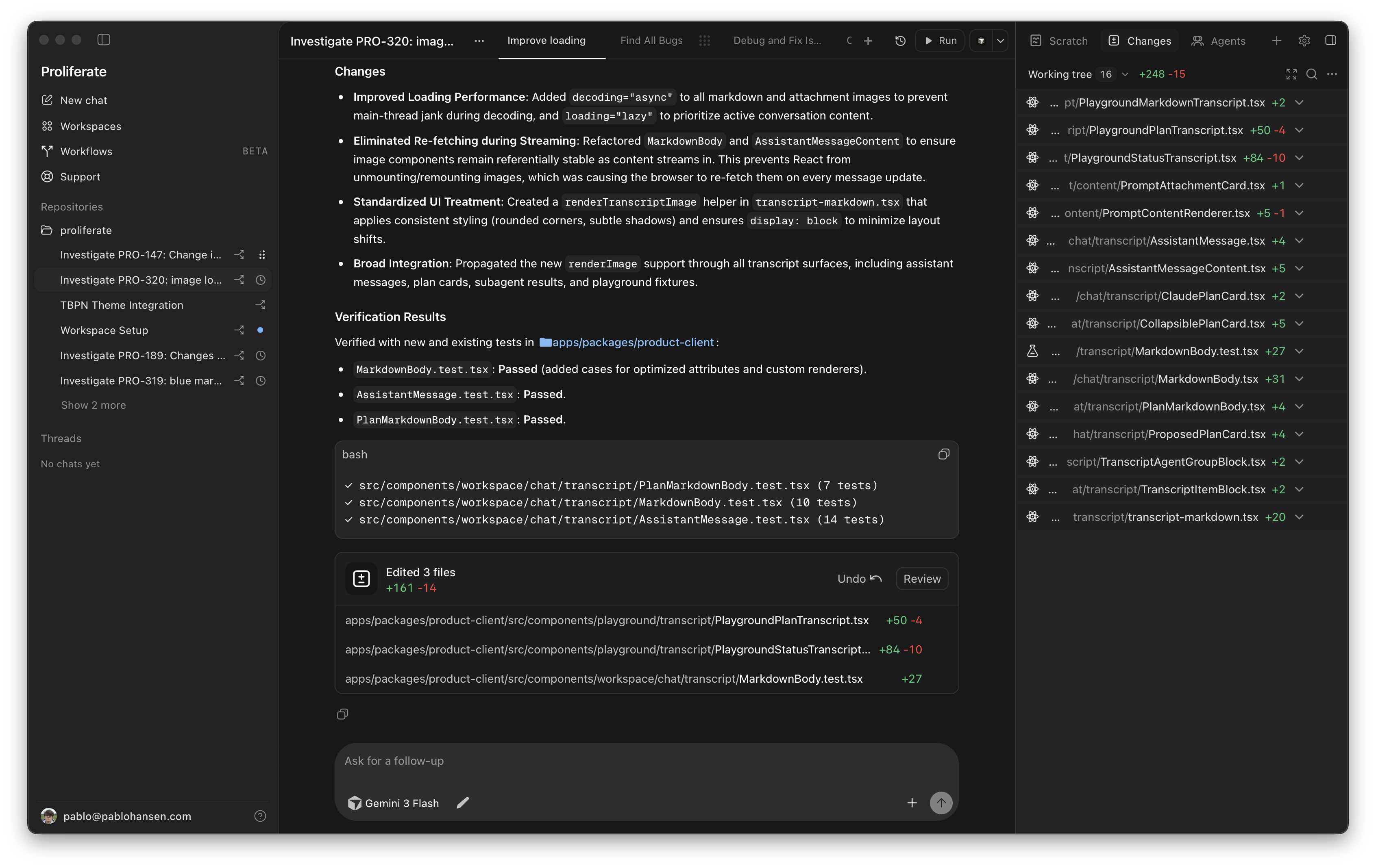Proliferate workspace with agents, chats, terminals, and changes side by side