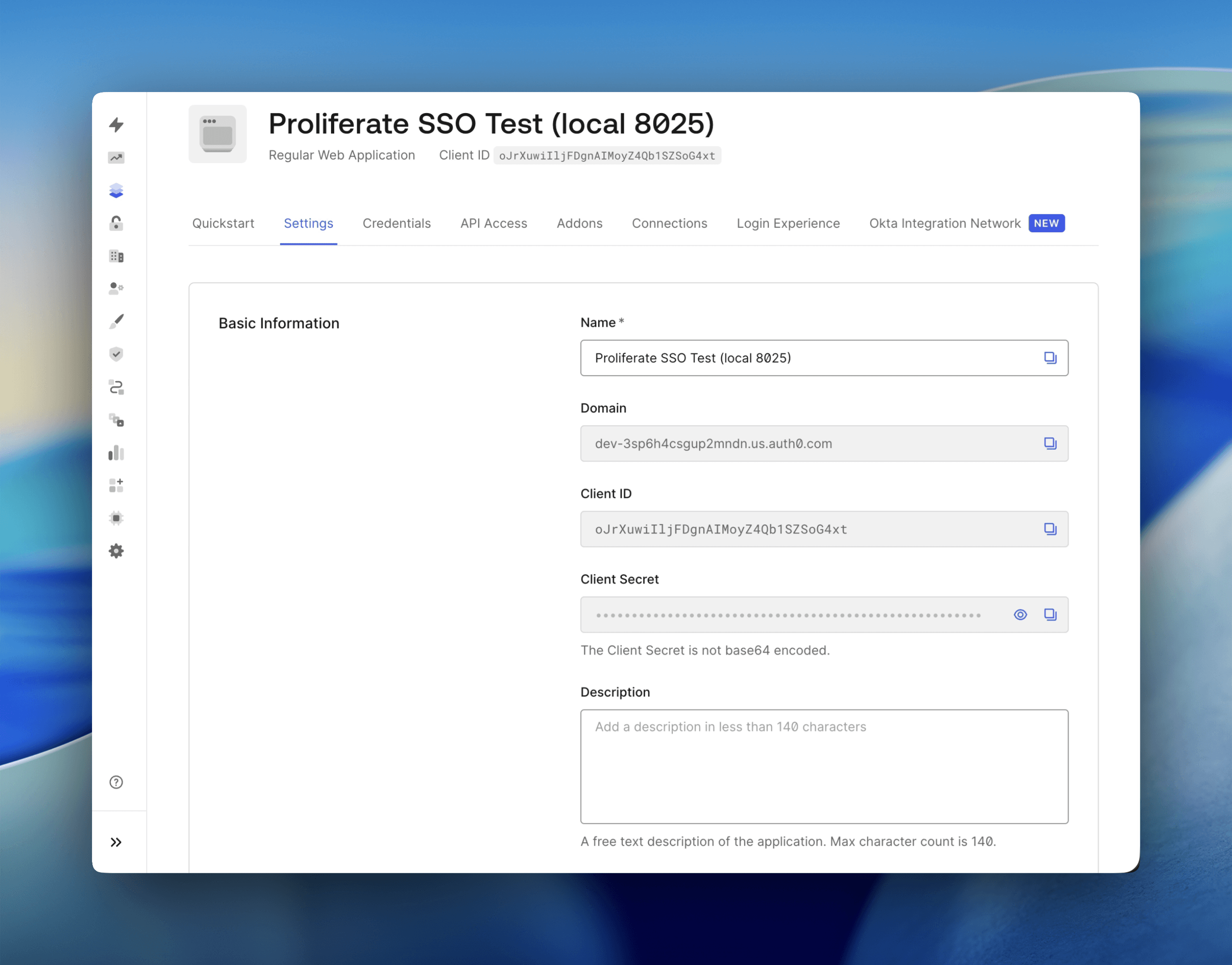 Auth0 application Settings showing Domain, Client ID, and Client Secret