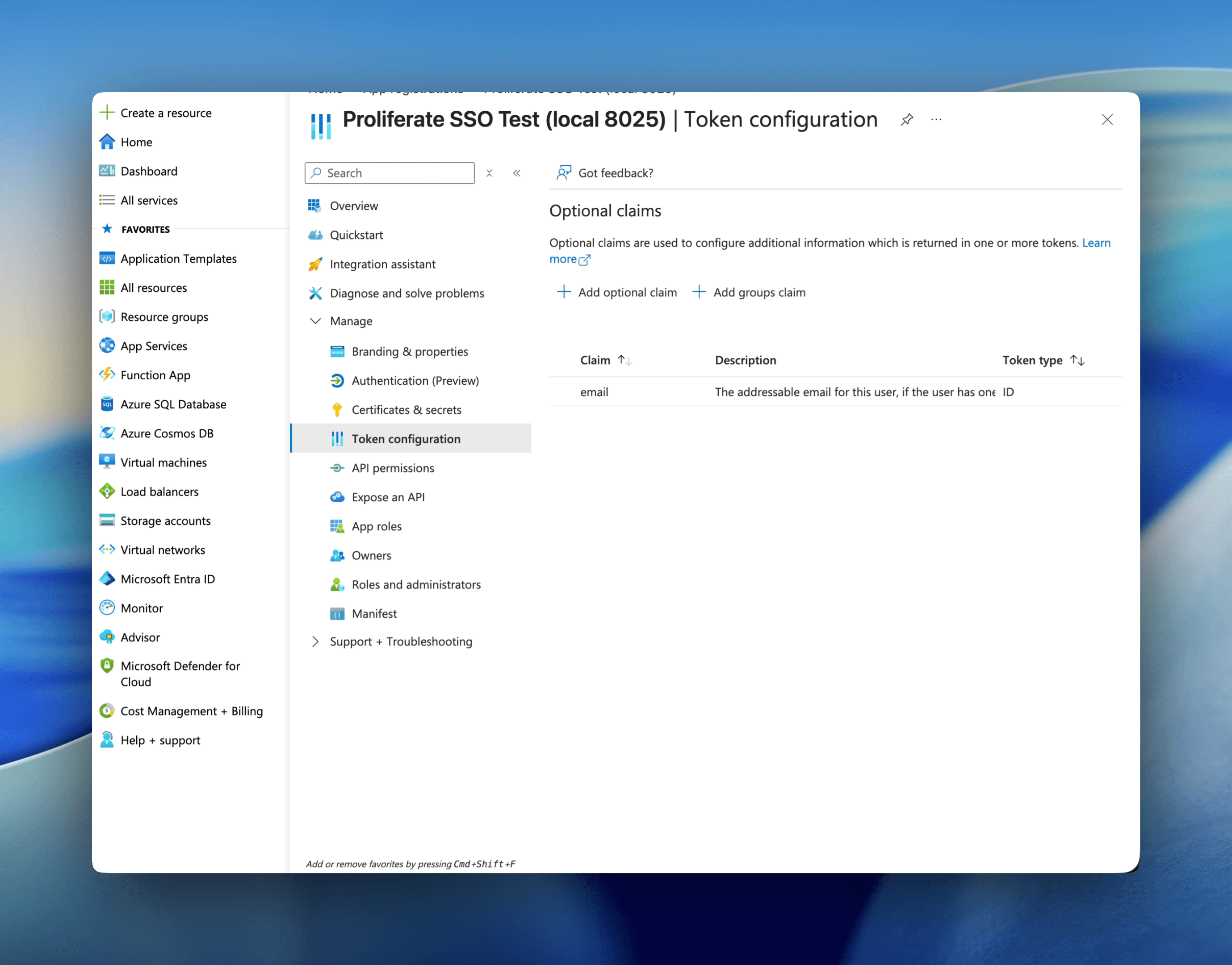 Entra Token configuration showing the email optional claim on the ID token