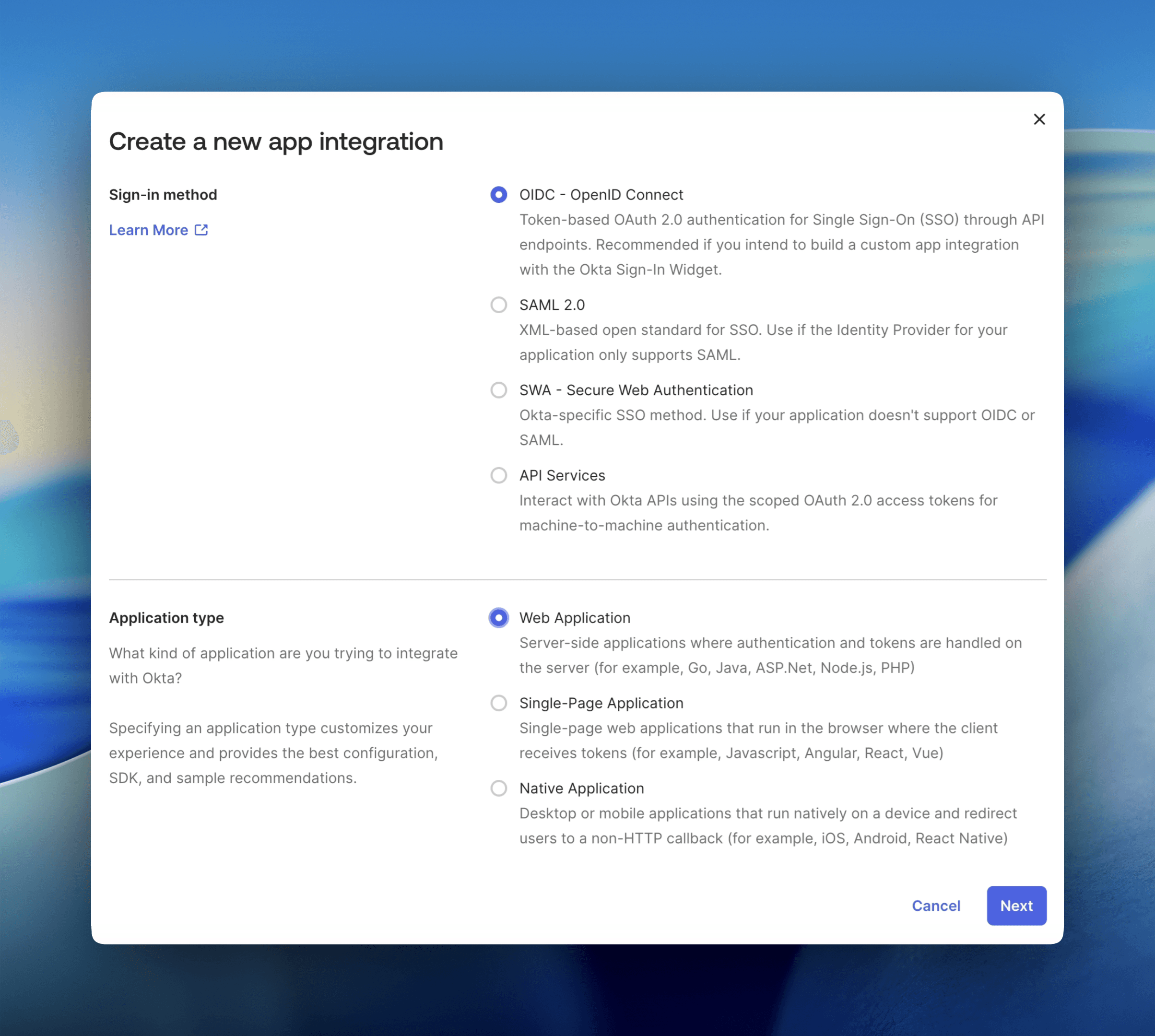 Okta Create a new app integration dialog with OIDC and Web Application selected