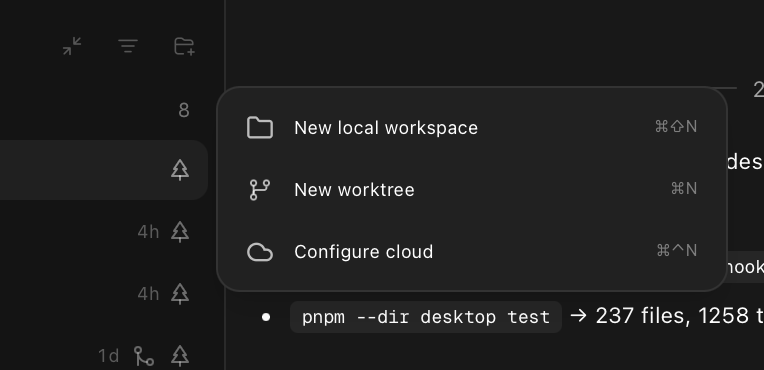 Workspace target choices for local checkout, new worktree, and cloud workspace.