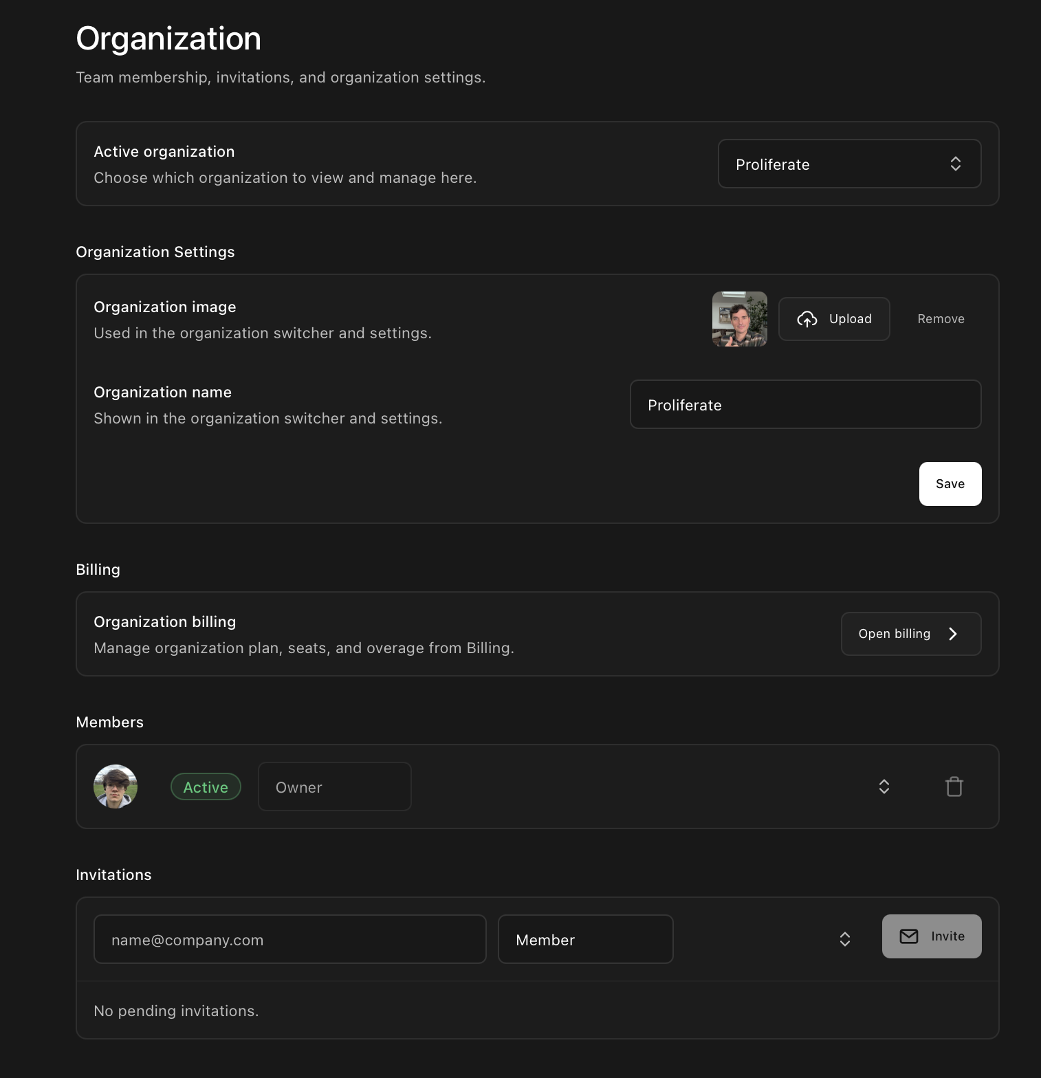 Organization settings showing account, organization, and billing controls.