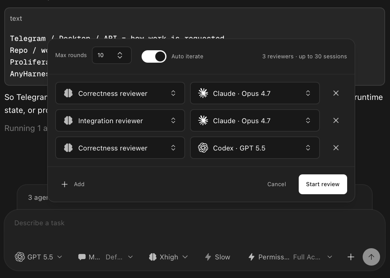 Code review run showing reviewer agents checking a workspace diff.